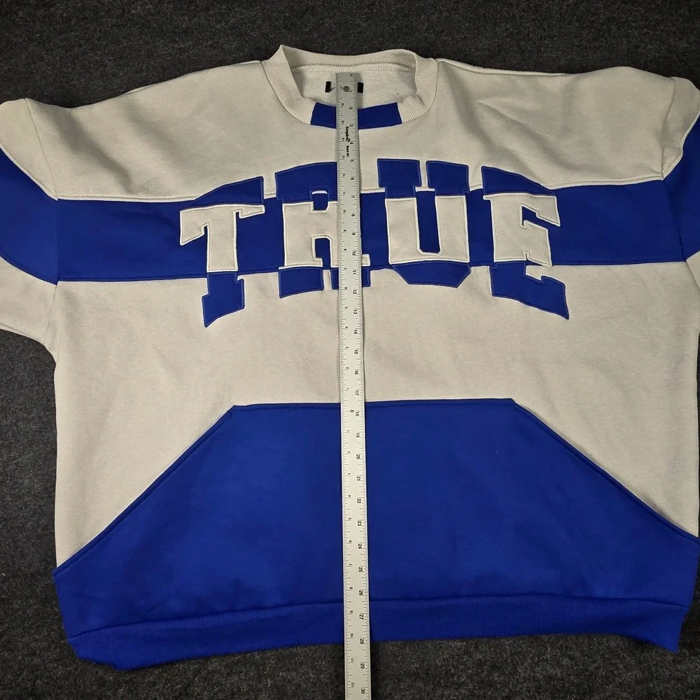Y2K True Religion Men's Blue White Colorblock Oversized Sweatshirt Size XXL